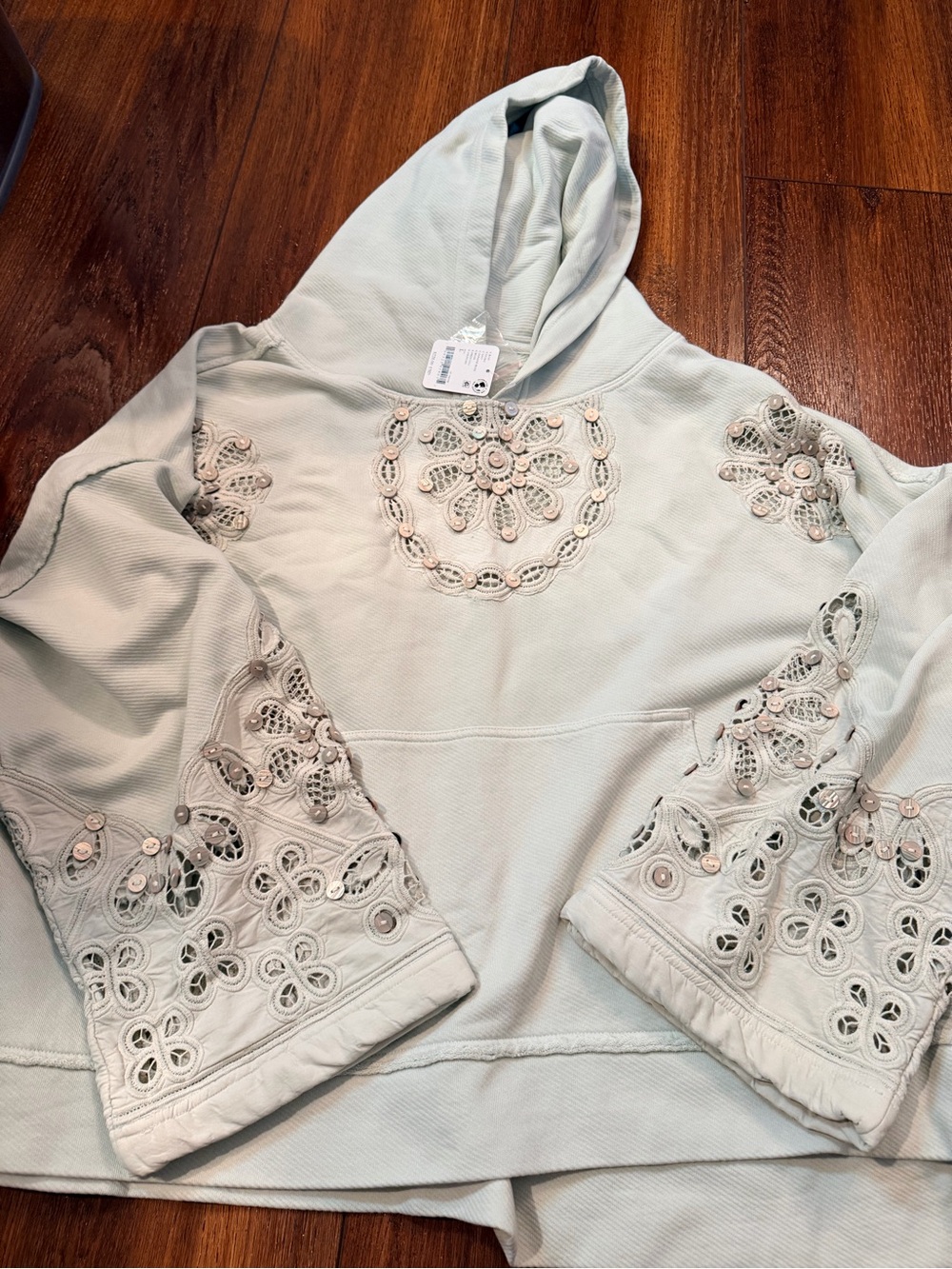 Free People Sage Green Crochet Appliqué Hooded Pullover